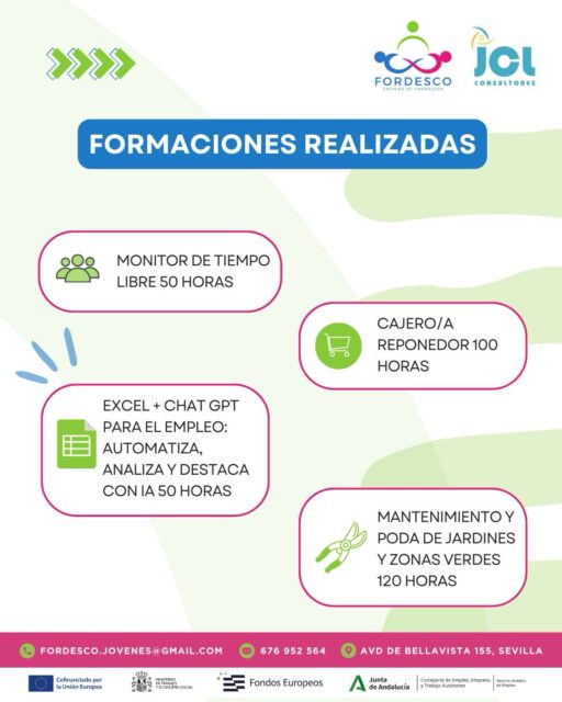 💡 ¡En FORDESCO seguimos formando talento!

👉🏻A lo largo de nuestra trayectoria hemos impartido formaciones especializadas en diferentes áreas para impulsar el desarrollo profesional y la empleabilidad de cientos de personas.
Apostamos por una formación de calidad, práctica y adaptada a las necesidades reales del mercado laboral.✅

🔎 ¿Quieres mejorar tu perfil profesional?
¡Infórmate sobre nuestros cursos disponibles e inscripciones abiertas en nuestra web o contactando con nuestro equipo!

☎️ 679 95 25 64
📩 fordesco.jovenes@gmail.com
📍 Avenida de Bellavista 155, Sevilla 

#Formación #Empleo #Andalucía #CursosProfesionales #Jovenes