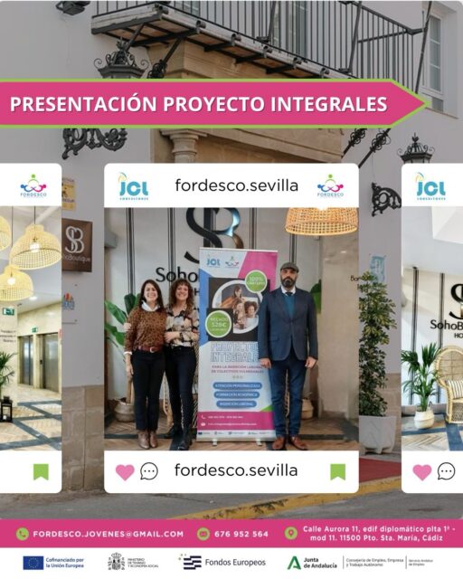 ✨ ¡Presentamos el Proyecto Integrales en la nueva oficina del Puerto de Santa María!

Una iniciativa pensada para impulsar la inserción laboral de personas en situación vulnerable 💪
Desde Fordesco seguimos apostando por la formación personalizada, el acompañamiento y las oportunidades reales de empleo 🌱💬

📍Evento de presentación en el Hotel Soho Boutique Puerto.

💚 Gracias a todos los que hacen posible que estos proyectos transformen vidas.

☎️ 679 95 25 64
📩 fordesco.jovenes@gmail.com
📍Calle Aurora 11, edif diplomático plta 1ª - mod 11. 11500 El Puerto de Santa María, Cádiz

#Fordesco #ProyectosIntegrales #InserciónLaboral #Formación